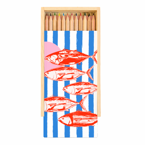 Preppy Blue Stripes Tuna Coastal Aesthetic - Coloured Pencils with Box by EZbie