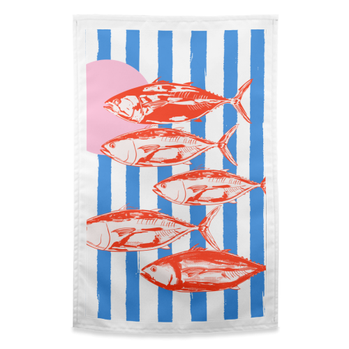 Preppy Blue Stripes Tuna Coastal Aesthetic - funny tea towel by EZbie