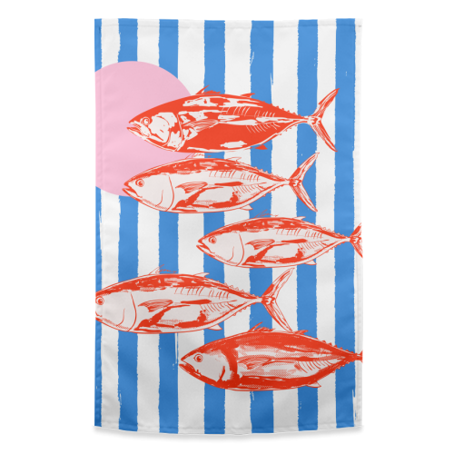 Preppy Blue Stripes Tuna Coastal Aesthetic - funny tea towel by EZbie