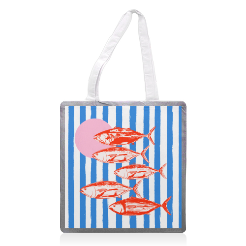 Preppy Blue Stripes Tuna Coastal Aesthetic - printed canvas tote bag by EZbie
