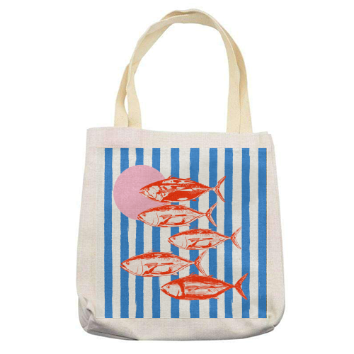 Preppy Blue Stripes Tuna Coastal Aesthetic - printed canvas tote bag by EZbie