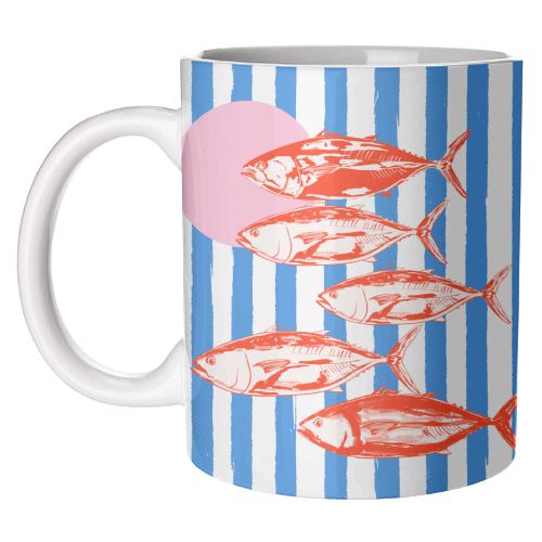 Preppy Blue Stripes Tuna Coastal Aesthetic - unique mug by EZbie