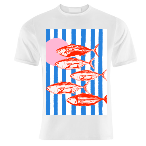 Preppy Blue Stripes Tuna Coastal Aesthetic - unique t shirt by EZbie