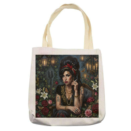 Amy Back to Black Rose - printed canvas tote bag by haris kavalla