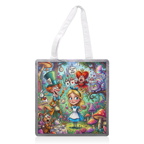 Alice in Wonderland Whimsical Fantasy Artwork – Magical Tea Party Adventure - printed canvas tote bag by haris kavalla