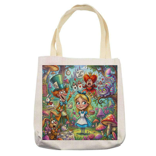 Alice in Wonderland Whimsical Fantasy Artwork – Magical Tea Party Adventure - printed canvas tote bag by haris kavalla
