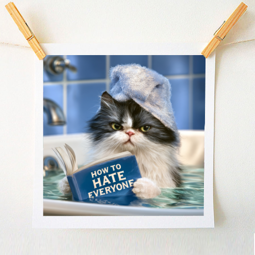 A cat in bathtube reading book "How to hate everyone" - A1 - A4 art print by DejaReve
