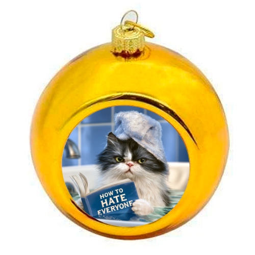 A cat in bathtube reading book "How to hate everyone" - colourful christmas bauble by DejaReve