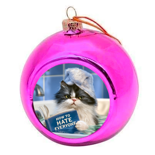 A cat in bathtube reading book "How to hate everyone" - colourful christmas bauble by DejaReve