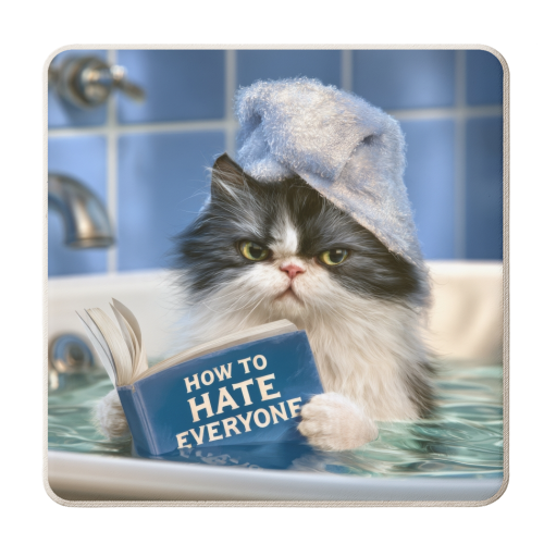 A cat in bathtube reading book "How to hate everyone" - personalised beer coaster by DejaReve