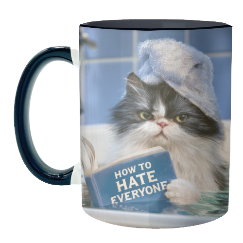 A cat in bathtube reading book "How to hate everyone" - unique mug by DejaReve