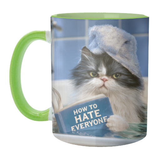 A cat in bathtube reading book "How to hate everyone" - unique mug by DejaReve