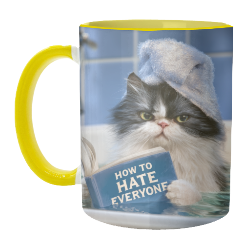 A cat in bathtube reading book "How to hate everyone" - unique mug by DejaReve
