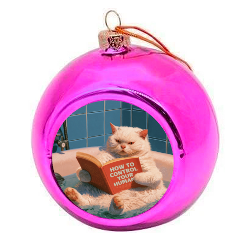 A white cat reading book "How to control your human - colourful christmas bauble by DejaReve