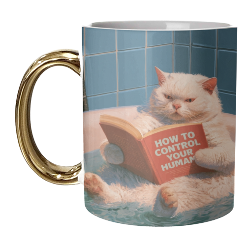 A white cat reading book "How to control your human - unique mug by DejaReve