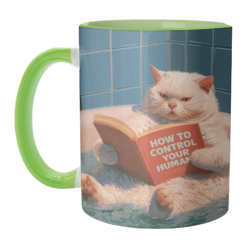 A white cat reading book "How to control your human - unique mug by DejaReve
