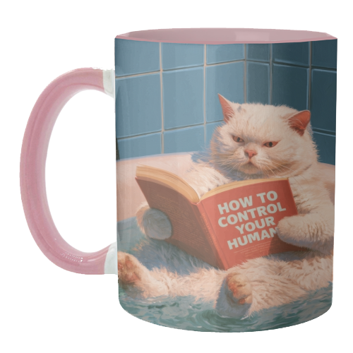 A white cat reading book "How to control your human - unique mug by DejaReve