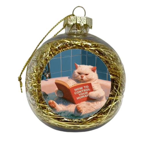 A white cat reading book "How to control your human - xmas bauble by DejaReve