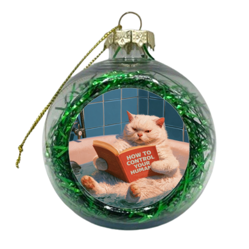 A white cat reading book "How to control your human - xmas bauble by DejaReve