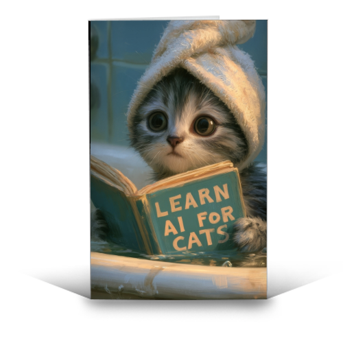 Cute little kitty reading book for AI - funny greeting card by DejaReve