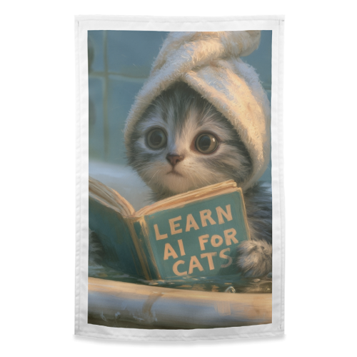 Cute little kitty reading book for AI - funny tea towel by DejaReve