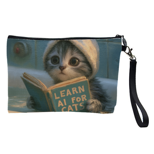 Cute little kitty reading book for AI - pretty makeup bag by DejaReve
