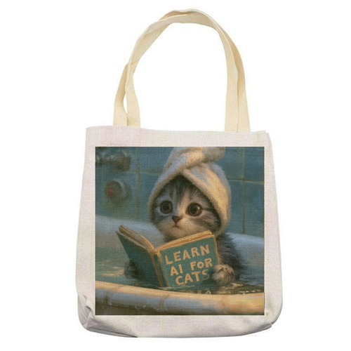Cute little kitty reading book for AI - printed canvas tote bag by DejaReve