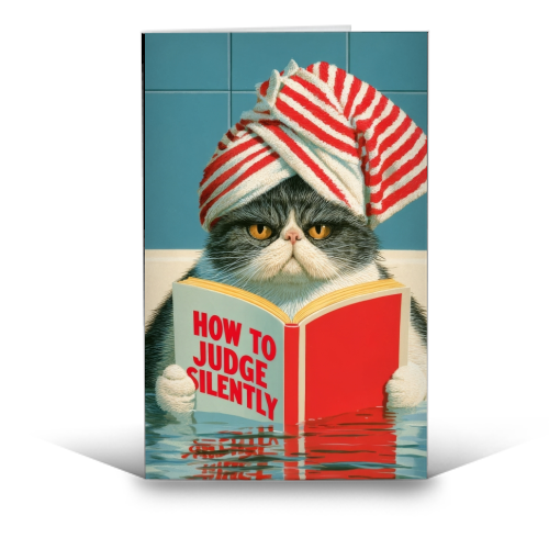 A cat reading book about Judging - funny greeting card by DejaReve