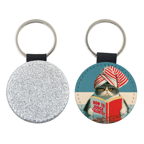 A cat reading book about Judging - keyring by DejaReve