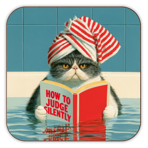 A cat reading book about Judging - personalised beer coaster by DejaReve