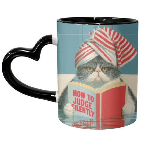 A cat reading book about Judging - unique mug by DejaReve