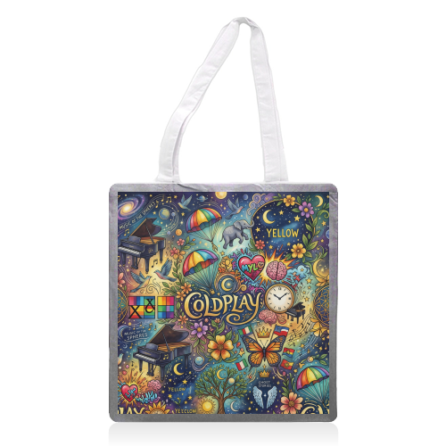 Coldplay Cosmic Music & Dreamy Colorful Collage - printed canvas tote bag by haris kavalla