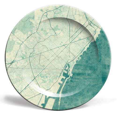 Barcelona Map Blue Vintage - ceramic dinner plate by City Art Posters