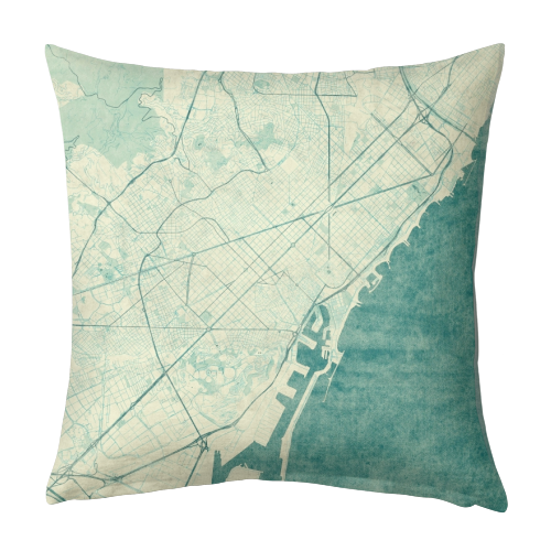 Barcelona Map Blue Vintage - designed cushion by City Art Posters