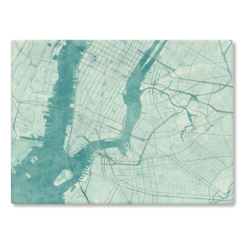 New York Map Blue Vintage - glass chopping board by City Art Posters