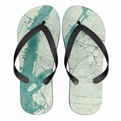 New York Map Blue Vintage - funny flip flops by City Art Posters