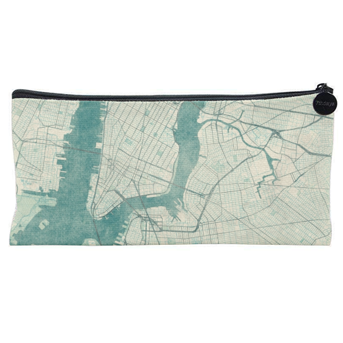 New York Map Blue Vintage - flat pencil case by City Art Posters