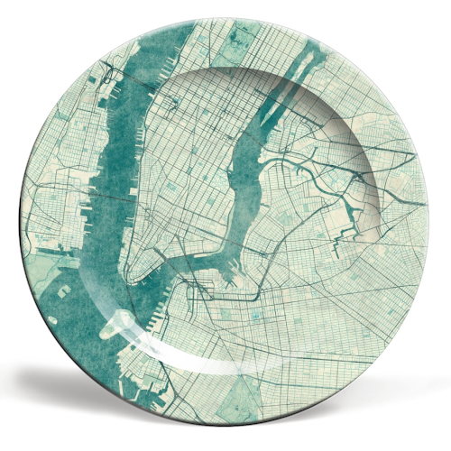 New York Map Blue Vintage - ceramic dinner plate by City Art Posters