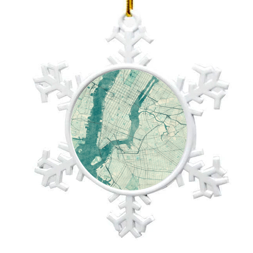 New York Map Blue Vintage - snowflake decoration by City Art Posters
