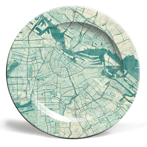 Amsterdam Map Blue Vintage - ceramic dinner plate by City Art Posters