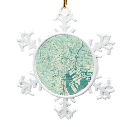Tokyo Map Blue Vintage - snowflake decoration by City Art Posters