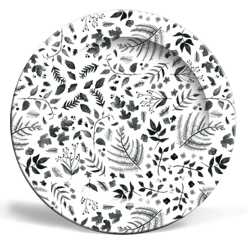 Black & White Leaves - ceramic dinner plate by Amy Harwood