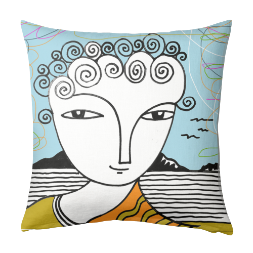 Welsh Girl by the Sea - designed cushion by deborah Withey