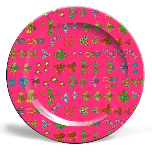 Pink Bugs - ceramic dinner plate by Liz Bush