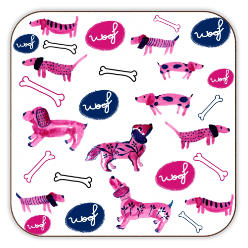 Pink sausage dogs - personalised beer coaster by Michelle Walker