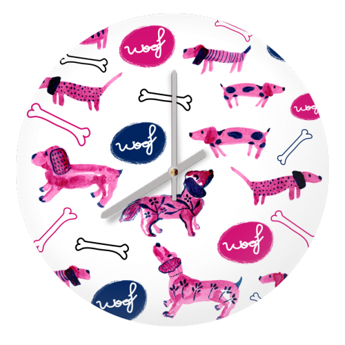 Pink sausage dogs - quirky wall clock by Michelle Walker