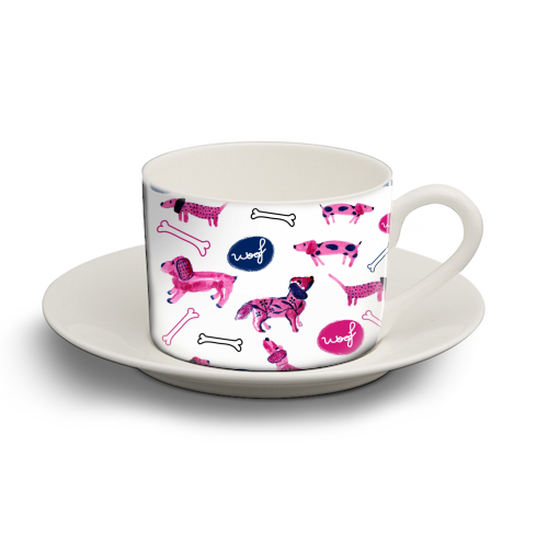 Pink sausage dogs - personalised cup and saucer by Michelle Walker