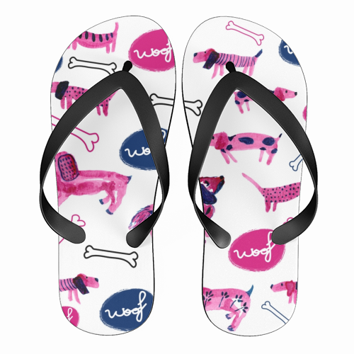 Pink sausage dogs - funny flip flops by Michelle Walker