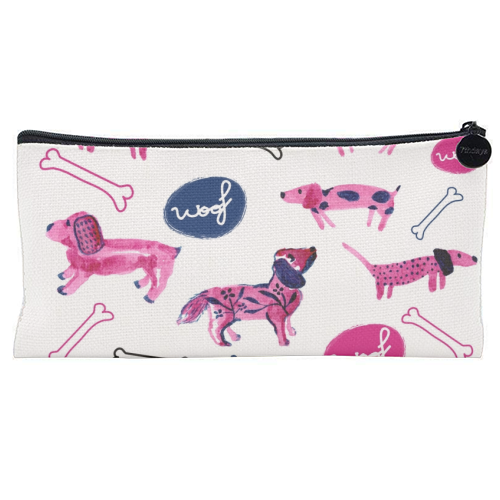 Pink sausage dogs - flat pencil case by Michelle Walker