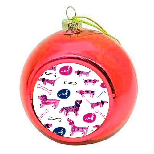 Pink sausage dogs - colourful christmas bauble by Michelle Walker